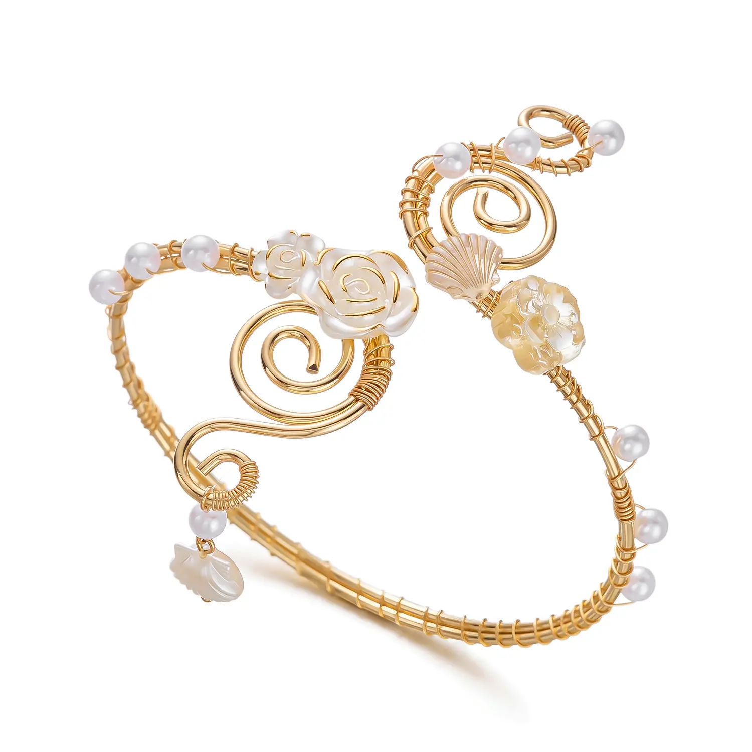 Ocean Butterfly Shell Arm Cuff, Electroplated Iron Spiral Open Upper Arm Bracelet Faux Pearl Starfish Crystal Women Summer Vacation Arm Jewelry