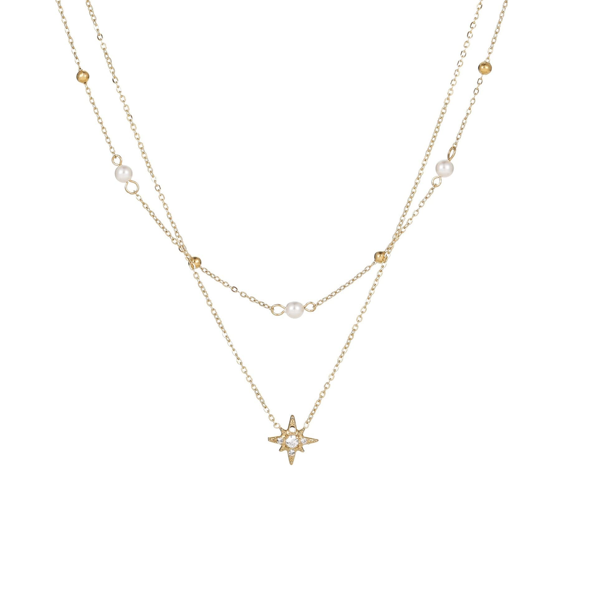 Double Layer Star Rhinestone Pearl Stacked Necklace, PVD Gold Plated Stainless Steel Dainty 8 Point Star Choker Minimal Women Daily Jewelry