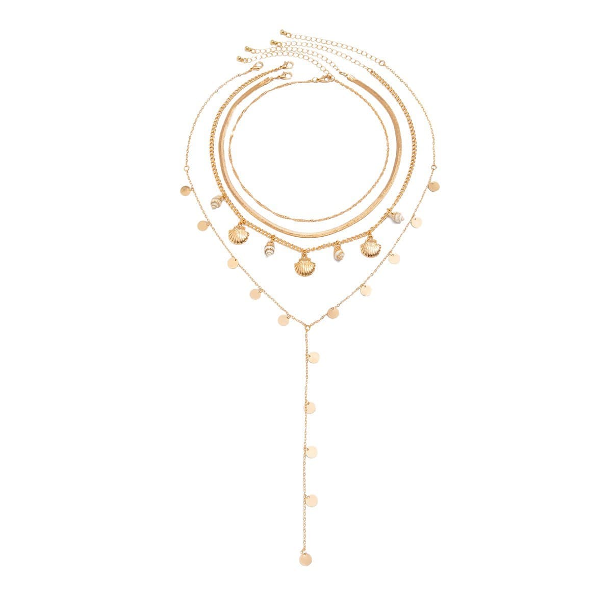 4-Layer Ocean Seashell Conch Y Drop Necklace, Gold Sequin Disc Stacked Collarbone Choker Boho Vacation Natural Jewelry for Women