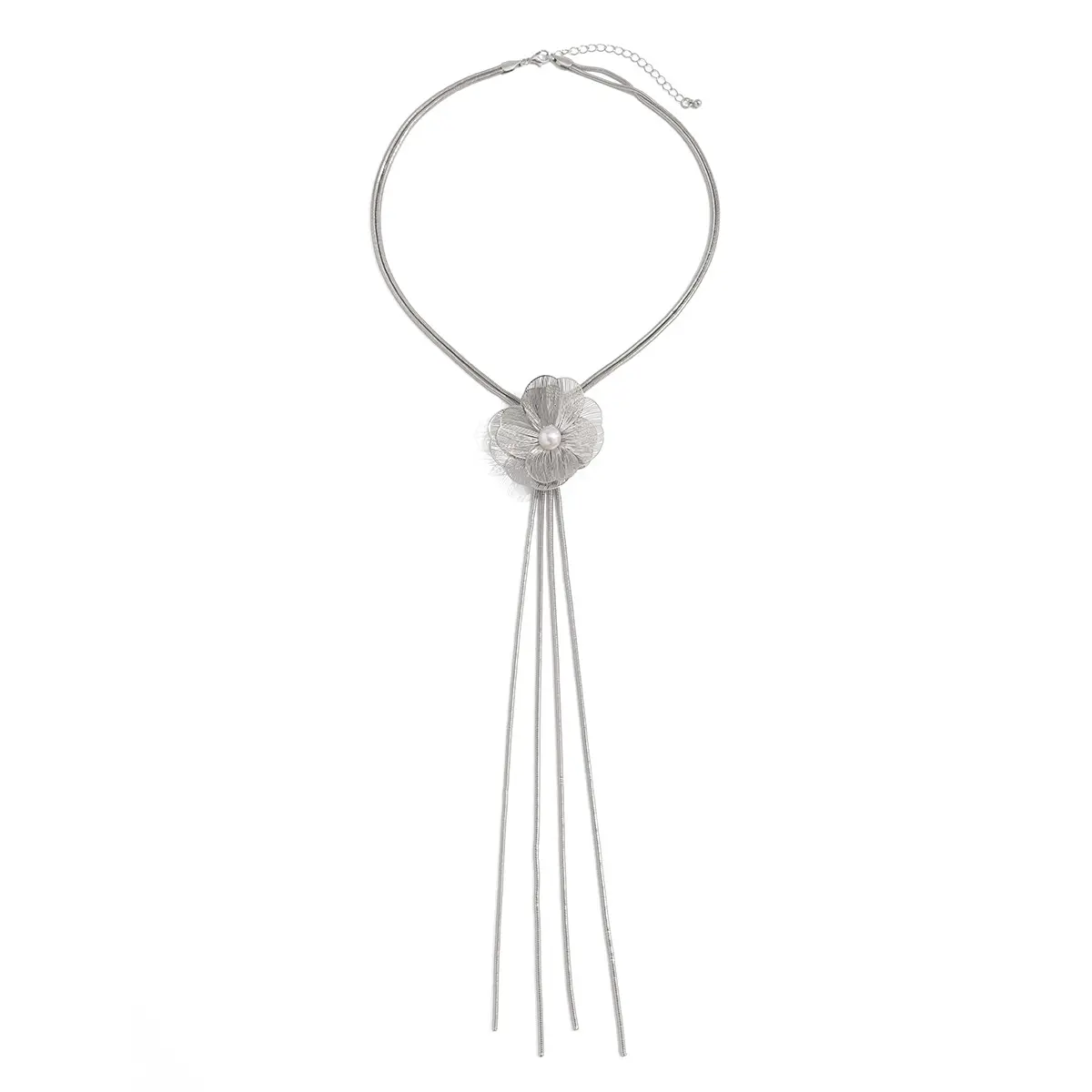 Elegant Floral Faux Pearl Slide Lariat Necklace, Electroplated Metal Snake Chain High-End Tassel Long Collarbone Jewelry for Women Fashion Commute