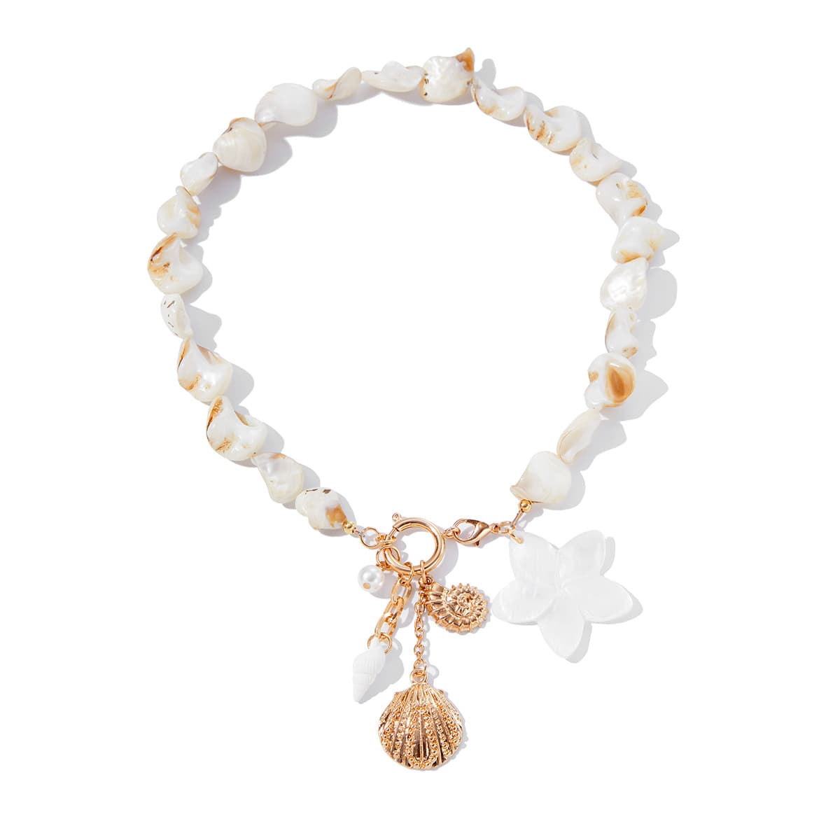 Handcrafted natural irregular shell bead collarbone necklace matching bracelet jewelry set for summer beach vacation, decorated with white shell flower, starfish, conch and textured scallop alloy pendants. Classic natural ocean element design with fresh sweet boho vacation style, adjustable length fits all neck & wrist sizes, ideal matching accessory for swimsuits, camisoles and casual travel outfits, perfect coastal holiday statement jewelry for women.