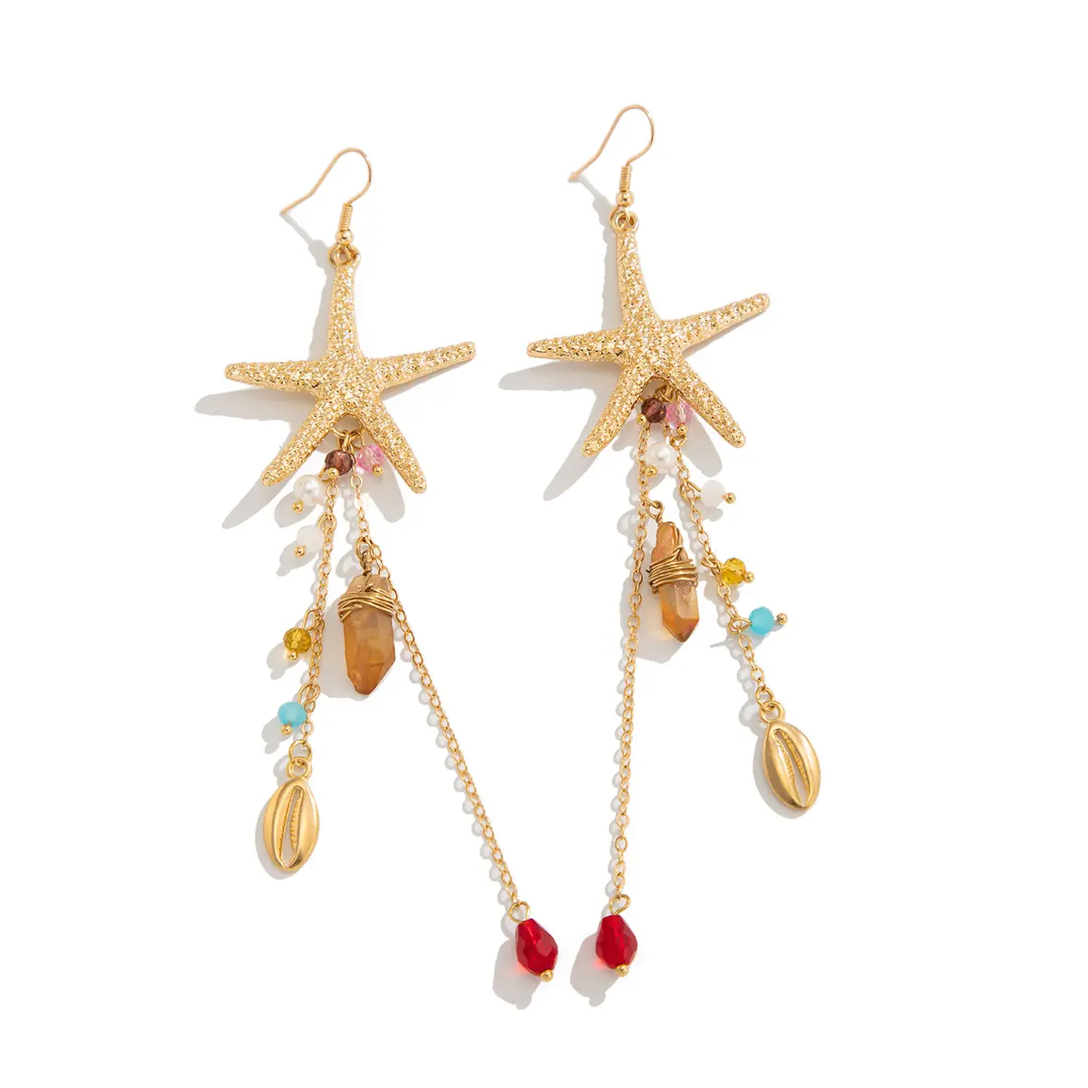 Boho Ocean Starfish Shell Crystal Drop Necklace, Electroplated Alloy Cable Chain Irregular Marine Pendant Personality Women Beach Vacation Collarbone Jewelry