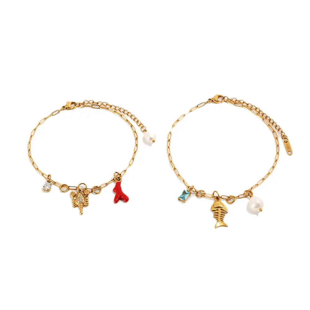 18K Gold Plated Stainless Steel Ocean Ankle Bracelet, Zircon Lobster Coral Fish Charm Natural Summer Beach Foot Jewelry for Women