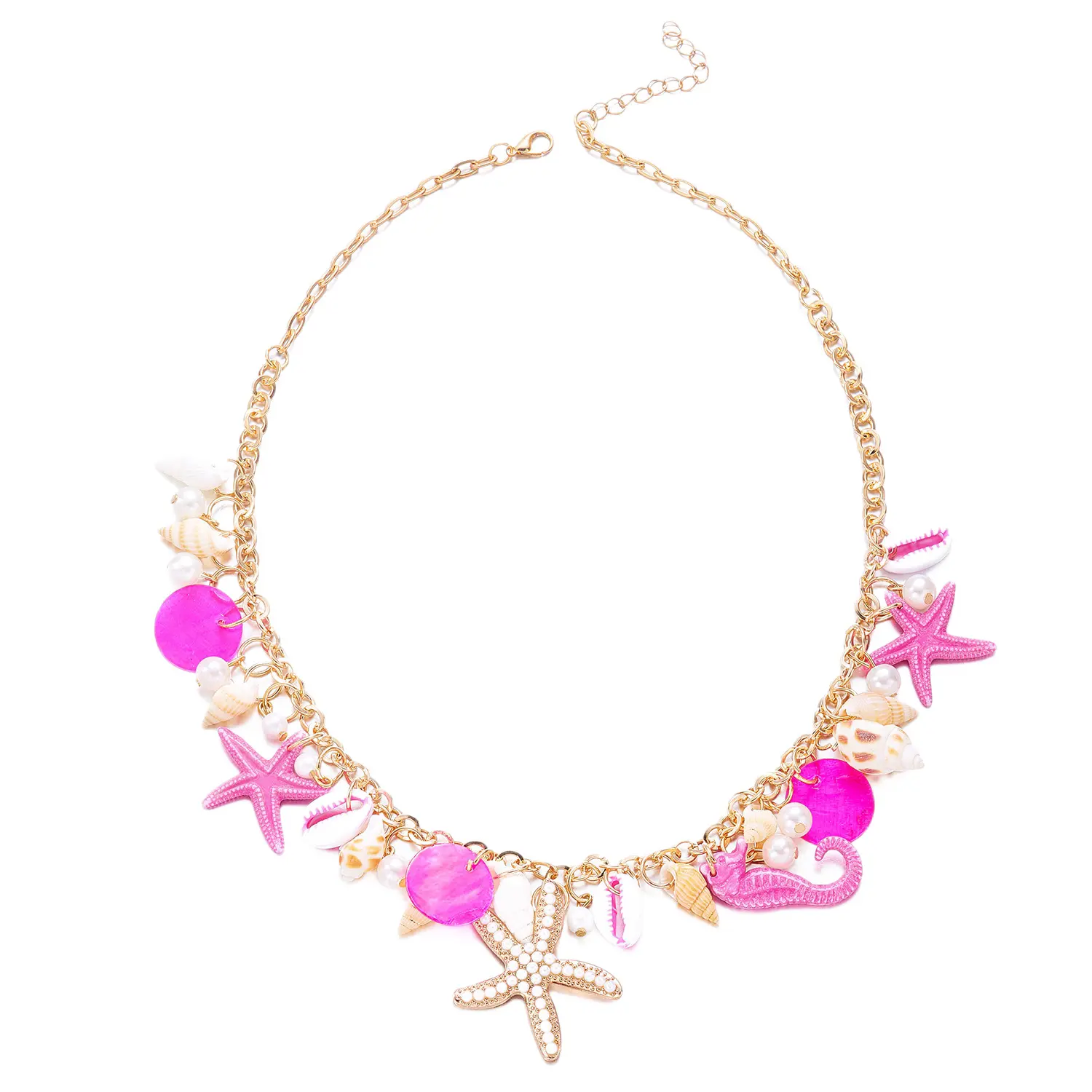 Beach Vacation Starfish Shell Pearl Beaded Necklace, Handcrafted Alloy O Chain Bold Natural Marine Statement Collarbone Jewelry for Women Daily Commute