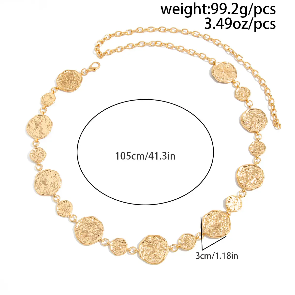 Ins Irregular Hammered Disc Waist Chain, Electroplated Iron Textured Matte Geometric Single Layer Lobster Clasp Women Punk Fashion Belt Chain