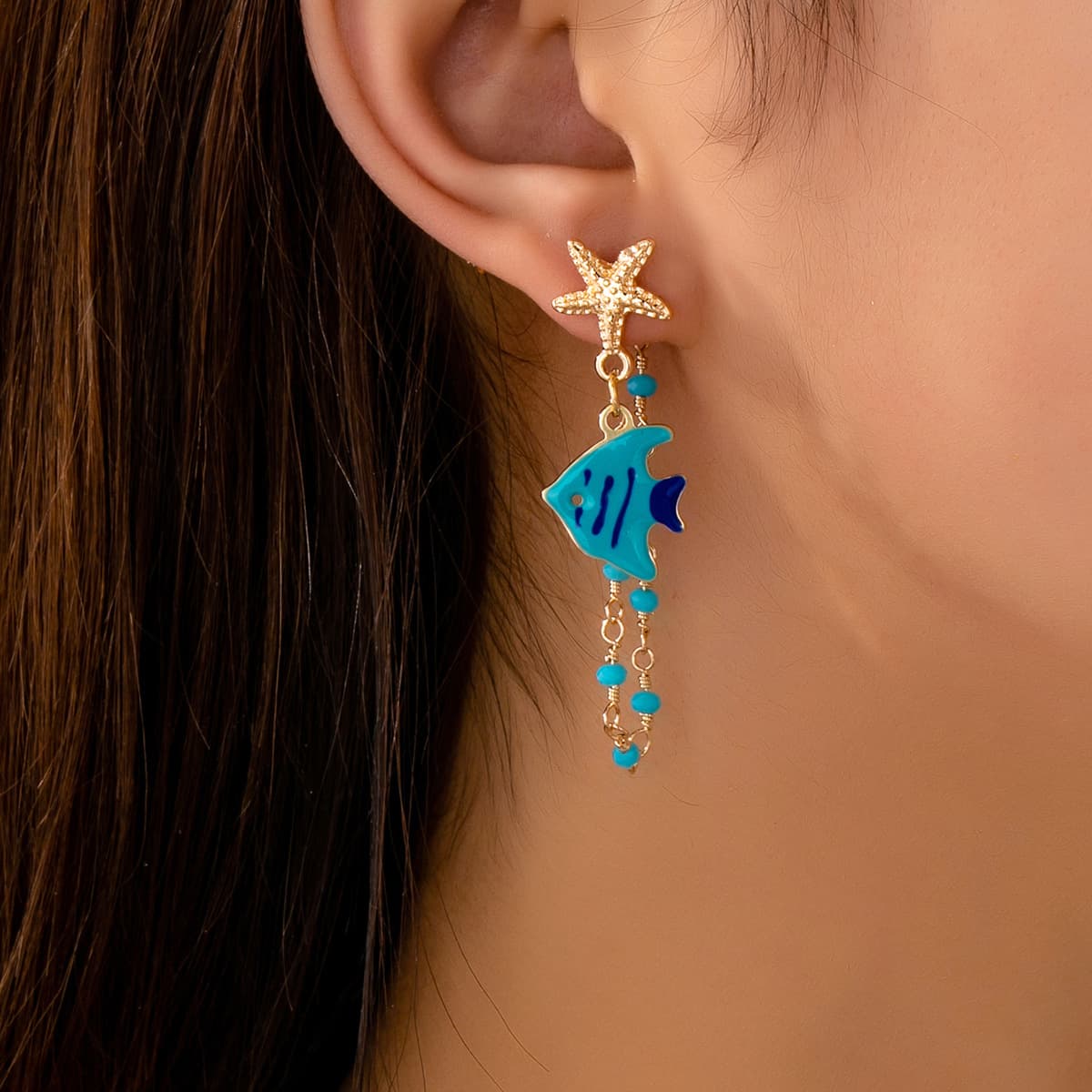 Summer Beach Ocean Starfish Fish Drop Earrings, Enamel Marine Animal Turquoise Bead Tassel Stainless Steel Pin Fresh Sweet Vacation Women Ear Jewelry