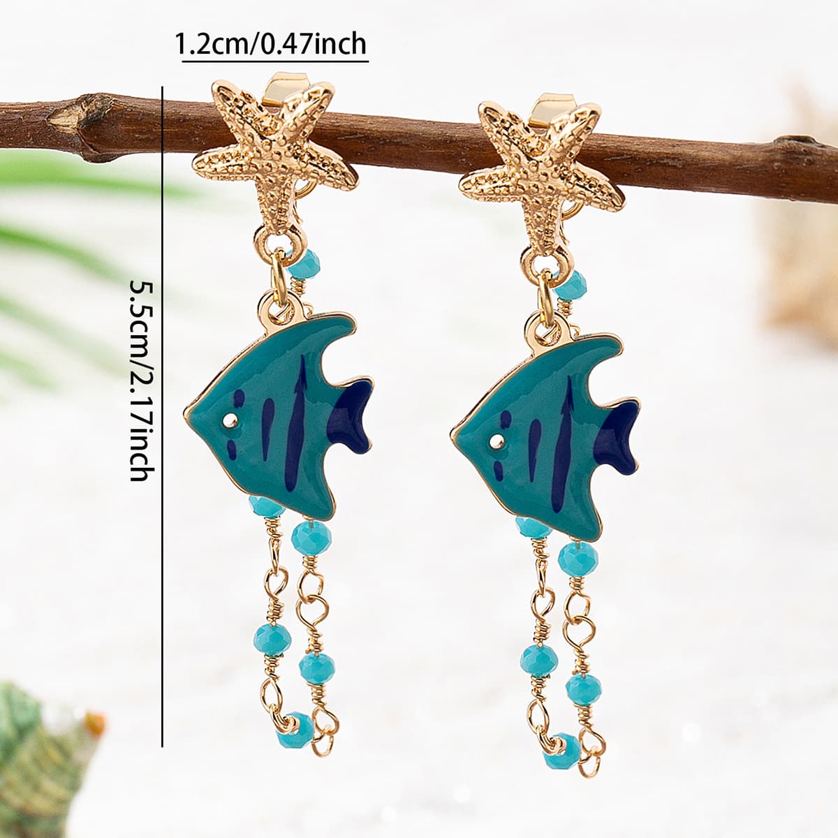 Summer Beach Ocean Starfish Fish Drop Earrings, Enamel Marine Animal Turquoise Bead Tassel Stainless Steel Pin Fresh Sweet Vacation Women Ear Jewelry