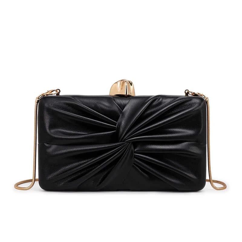 Twisted Ruched PU Box Clutch Bag Women Pleated Evening Bag Gold Lock Snake Chain Crossbody Shoulder Party Purse