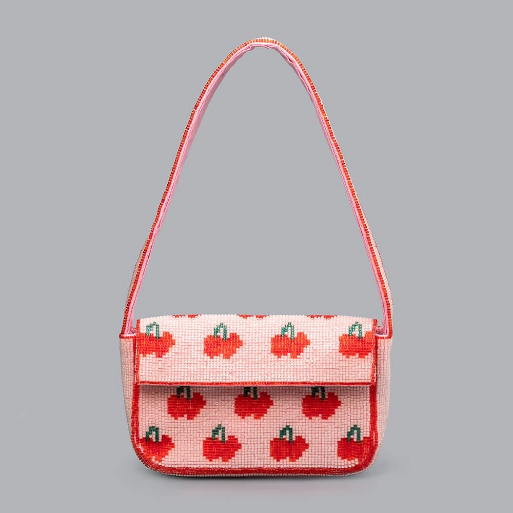 Sweet Heart Beaded Underarm Bag, Hand Beaded Cherry Pattern Polyester Mini Shoulder Handbag Women Daily Cute Beaded Clutch Purse