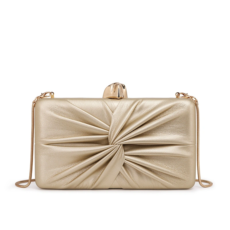 Twisted Ruched PU Box Clutch Bag Women Pleated Evening Bag Gold Lock Snake Chain Crossbody Shoulder Party Purse