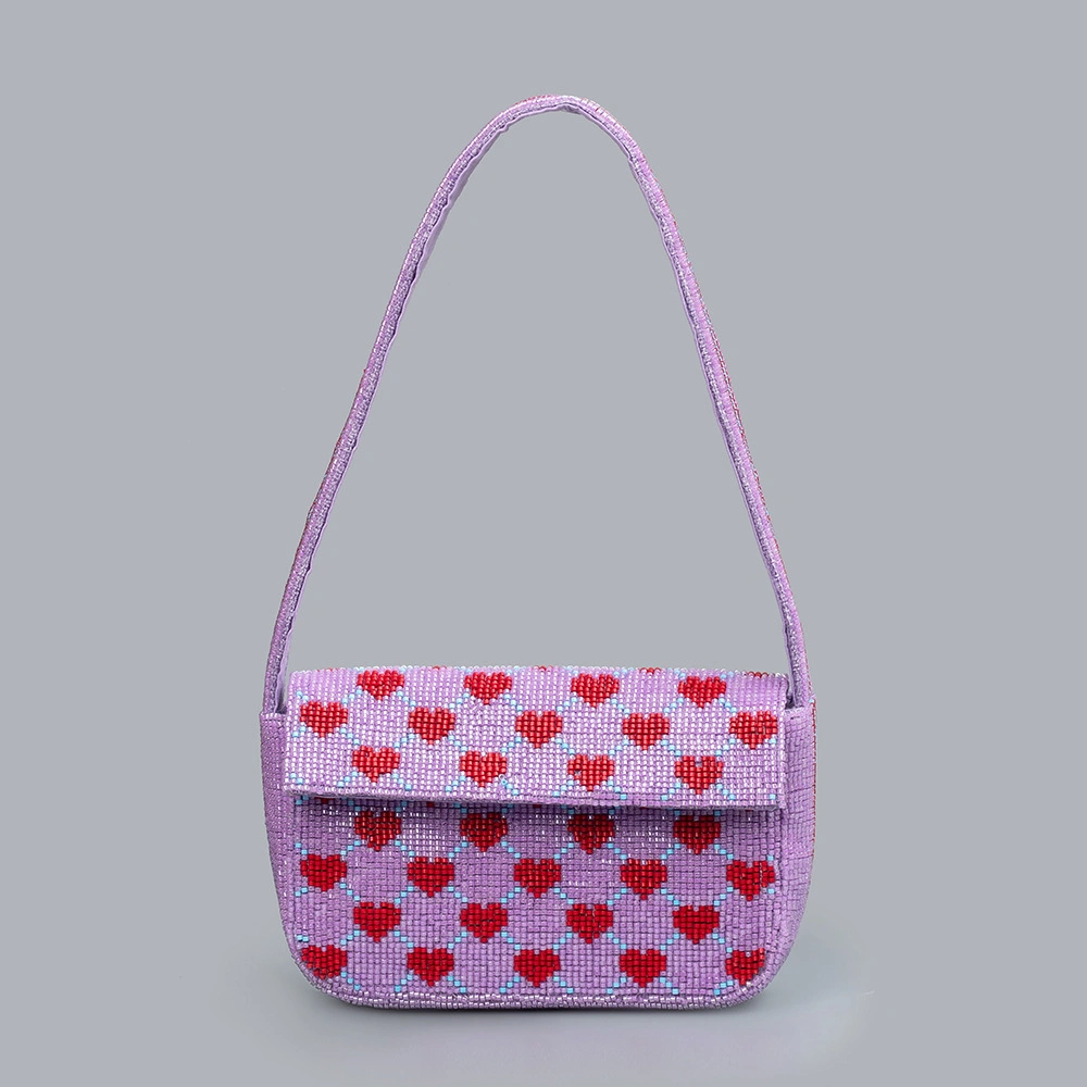 Sweet Heart Beaded Underarm Bag, Hand Beaded Cherry Pattern Polyester Mini Shoulder Handbag Women Daily Cute Beaded Clutch Purse