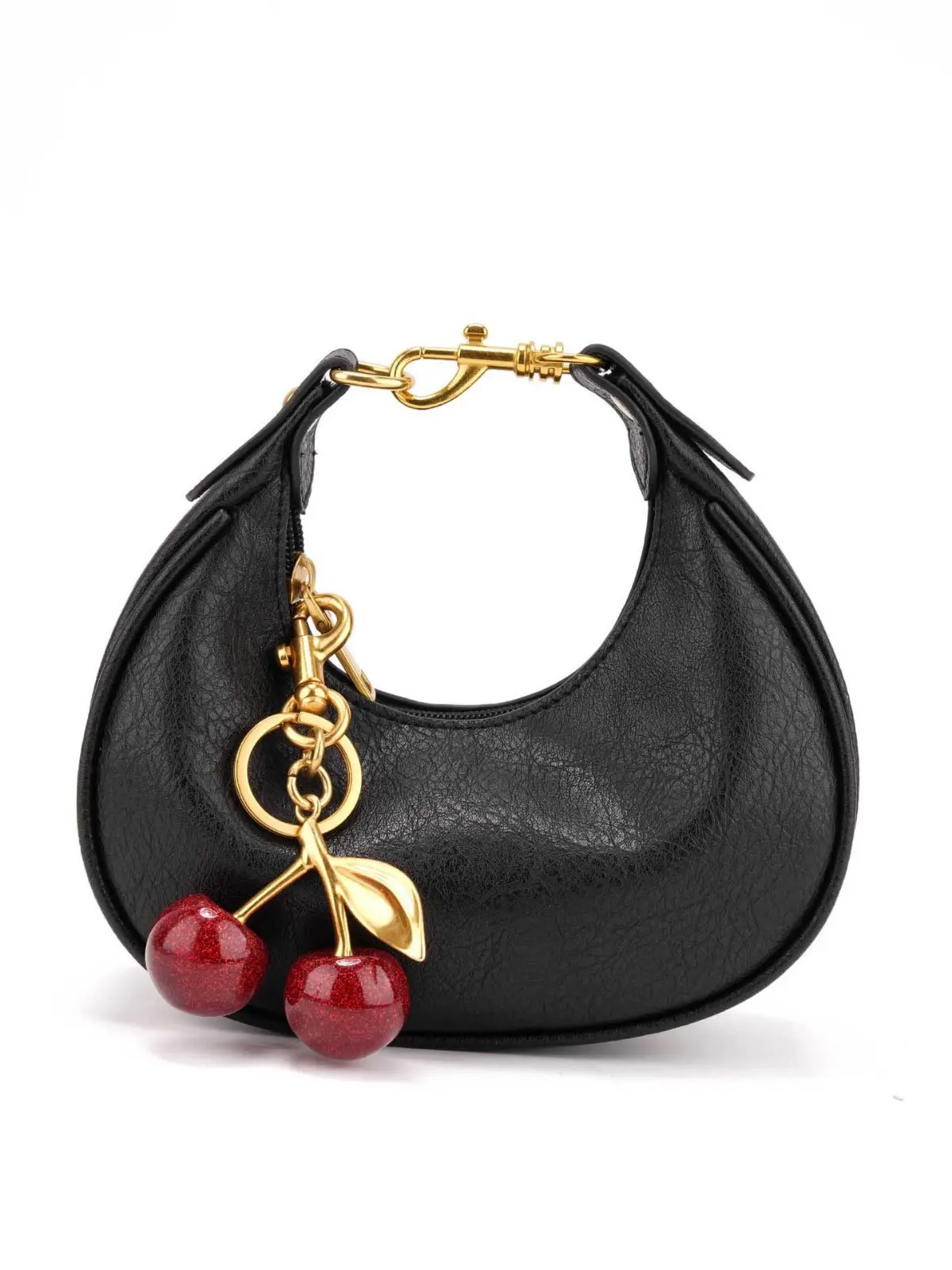 Mini Crescent PU Handbag Cherry Pendant Solid Color Waterdrop Women Portable Handheld Purse Daily Match