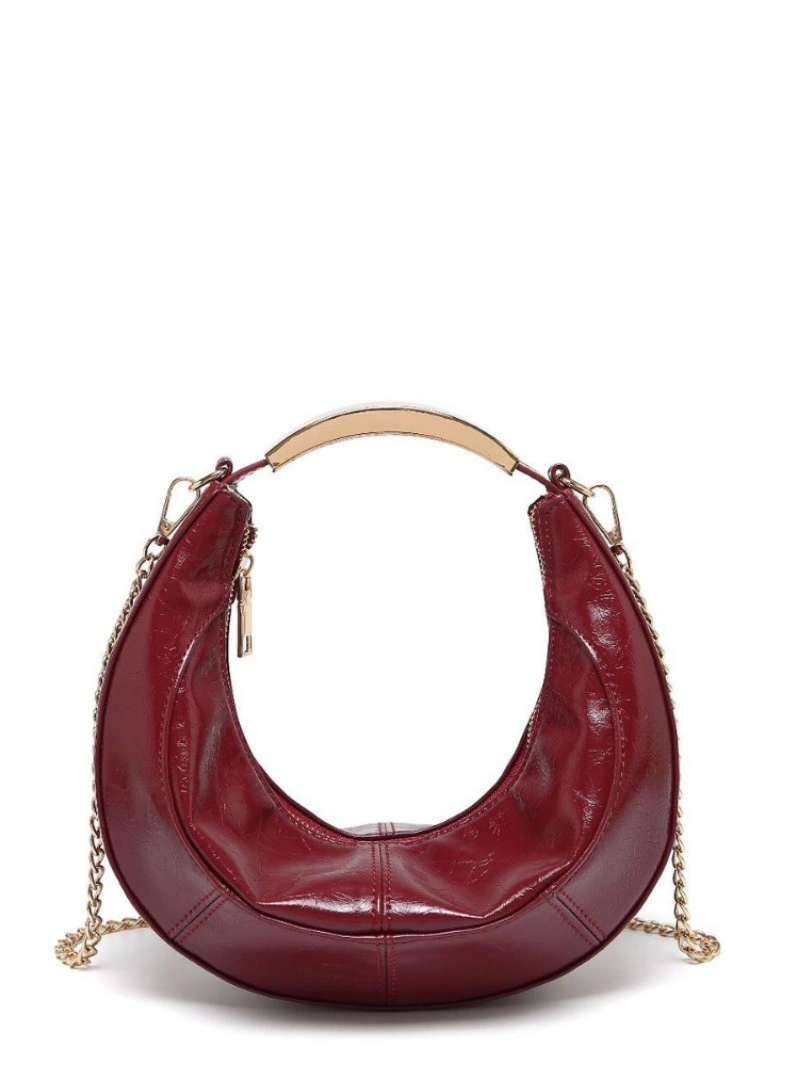 Crescent Waterdrop PU Handbag Metal Top Handle Zipper Mini Evening Bag Detachable Chain Crossbody Shoulder Bag for Women