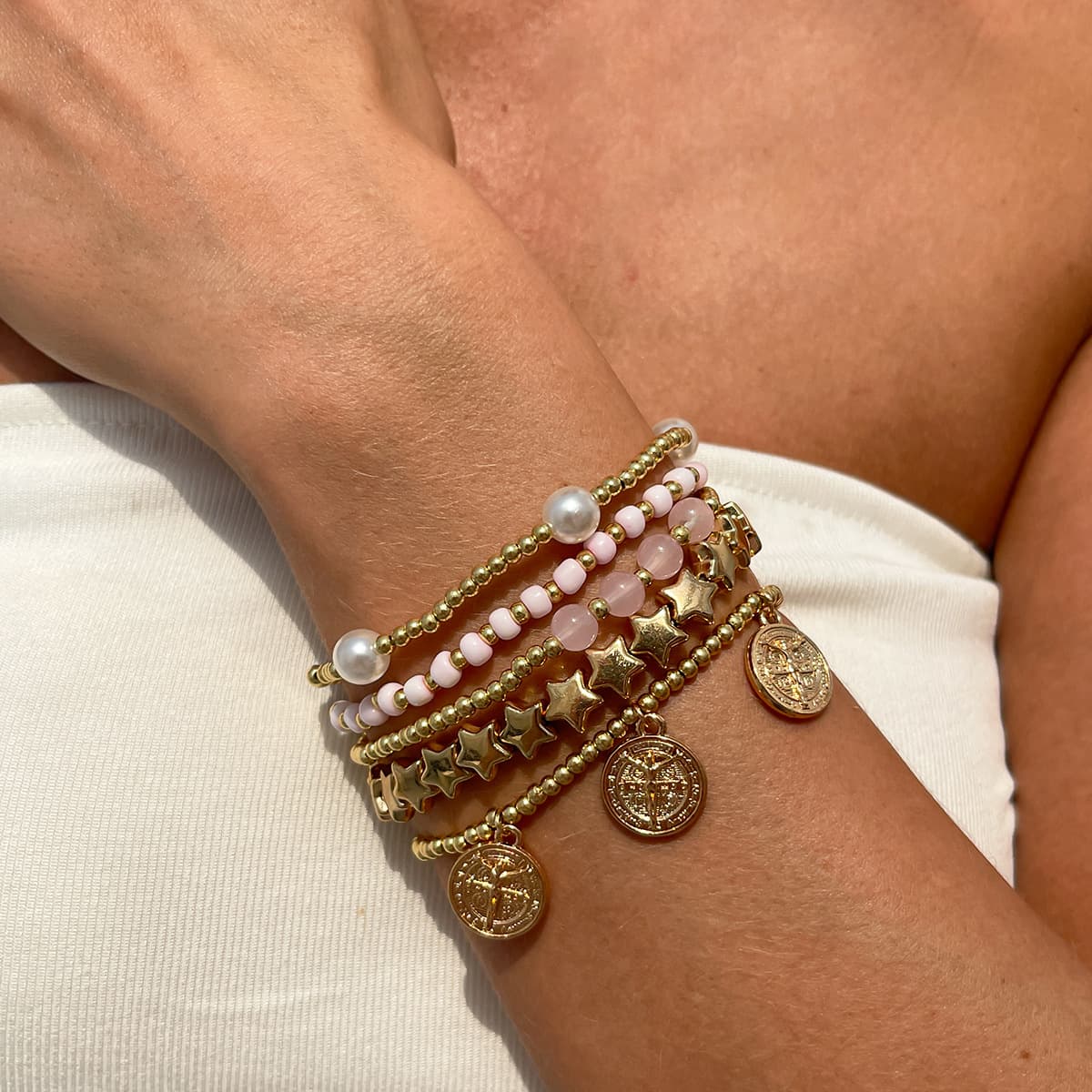 Boho Star Beaded Stackable Bracelet Set Women Imitation Pearl Pink Bead Stretch Bracelets Gold Compass Coin Charm Bracelet