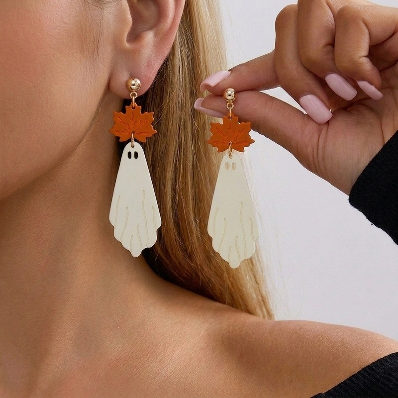 Halloween Ghost Maple Leaf Dangle Earrings Cute Boo Ghost Acrylic Drop Earrings Women Fall Holiday Party Jewelry
