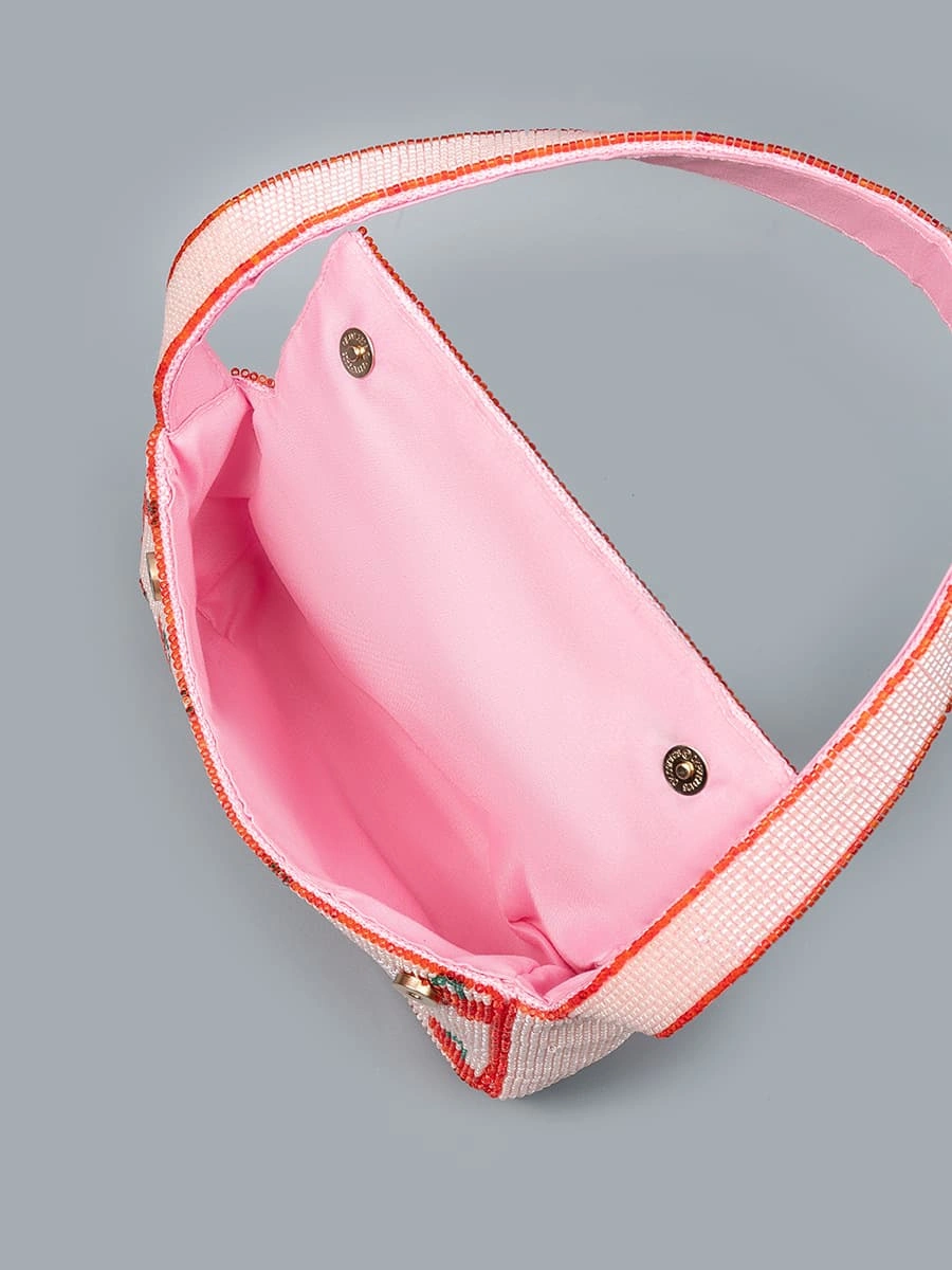 Material Performance: Double polyester fabric for exterior and lining, wear-resistant and lightweight, tightly woven rice beads with firm stitching, not easy to fall off Structure Design: Mini horizontal square bag body, single full beaded matching shoulder strap, hidden built-in magnetic buckle closure Bead Craft: Dense uniform rice bead embroidery, clear heart and cherry fruit printing patterns, smooth neat bead surface without burrs Silhouette Advantage: Medium-firm fabric keeps the bag upright and three-dimensional, will not deform or collapse after long-term storage Storage Capacity: Compact 21514cm size, enough to hold mobile phone, lipstick, keys, bank cards and other daily small belongings Color Selection: Six different bead pattern color styles for mixed wholesale matching Craftsmanship: Integrated seamless stitching on bag edges, reinforced connection between shoulder strap and bag body, durable for daily frequent use Wearing Structure: Single underarm shoulder strap design, lightweight and no shoulder pressure for all-day carrying Styling Positioning: Fresh sweet heart cherry rice bead embroidery mini underarm bag, multi-scene daily summer women shoulder handbag Applicable Matching: Casual sundresses, camisoles, jeans, knit tops and other daily casual summer outfits