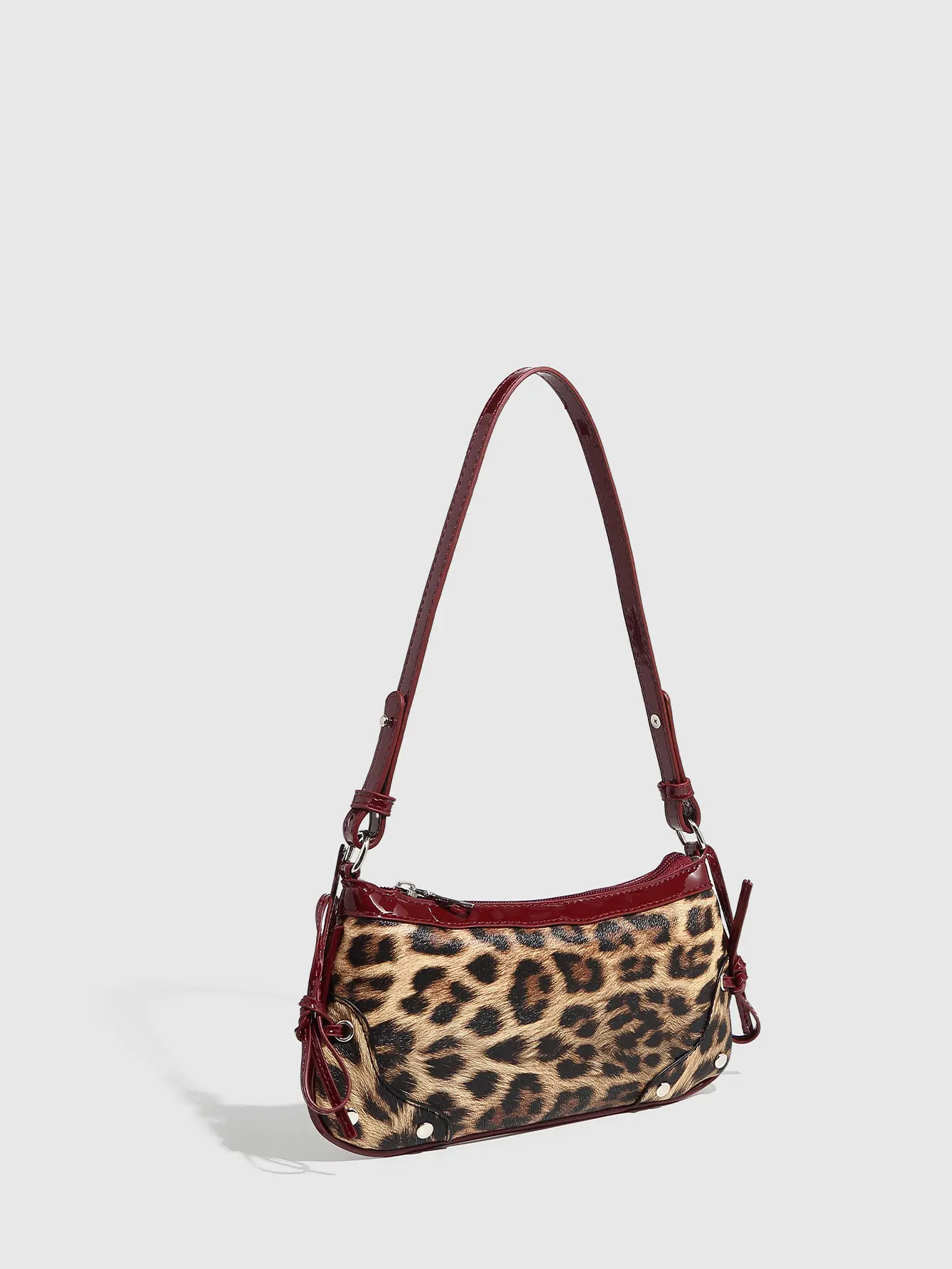 Leopard Print PU Mini Shoulder Bag Retro Contrast Trim Small Square Underarm Bag Women Street Trend Zipper Handbag