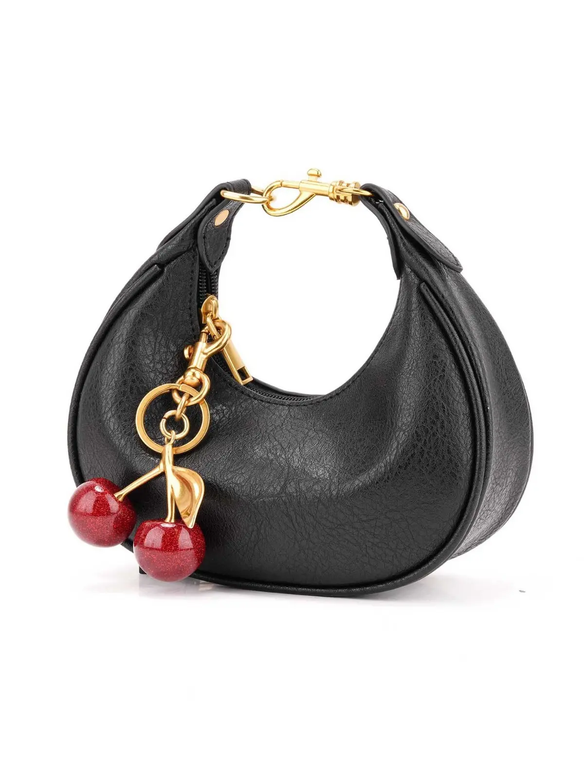 Mini Crescent PU Handbag Cherry Pendant Solid Color Waterdrop Women Portable Handheld Purse Daily Match