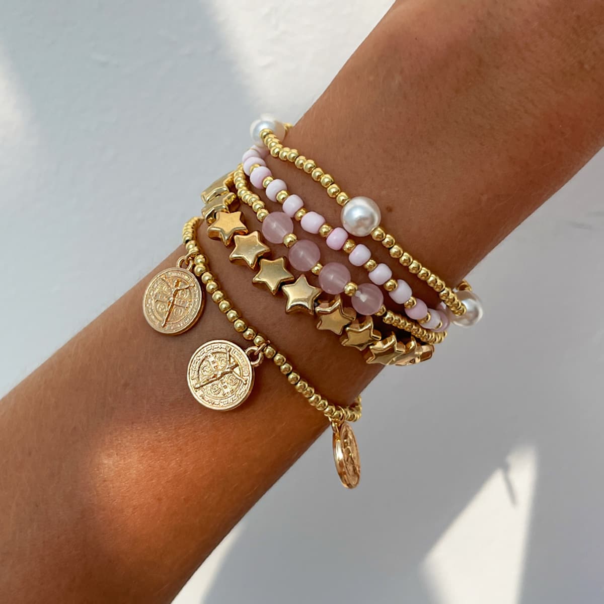 Boho Star Beaded Stackable Bracelet Set Women Imitation Pearl Pink Bead Stretch Bracelets Gold Compass Coin Charm Bracelet