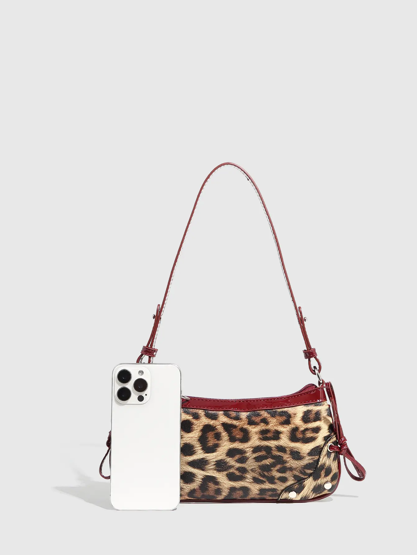 Leopard Print PU Mini Shoulder Bag Retro Contrast Trim Small Square Underarm Bag Women Street Trend Zipper Handbag