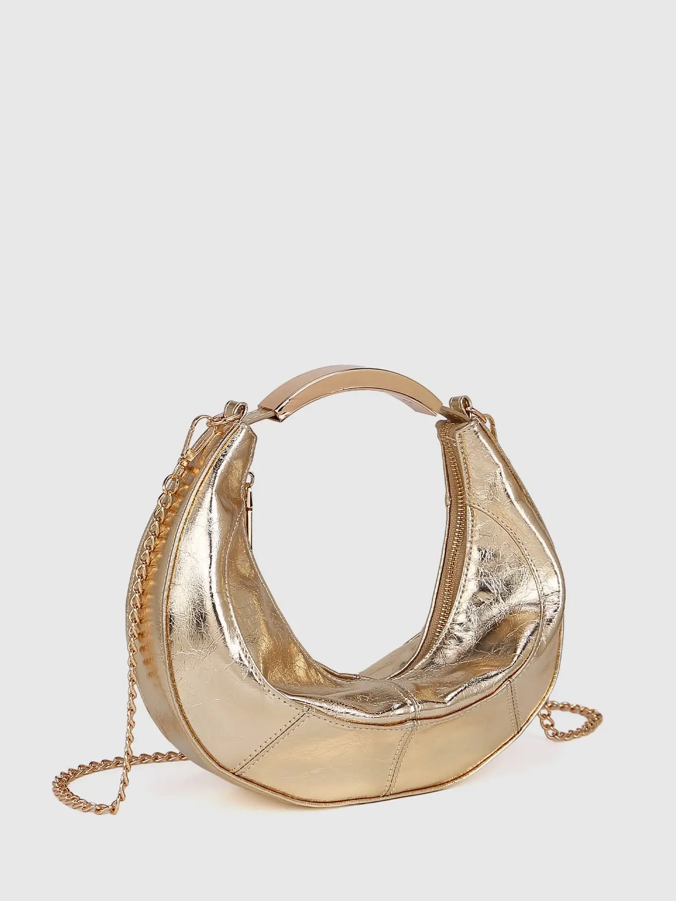Crescent Waterdrop PU Handbag Metal Top Handle Zipper Mini Evening Bag Detachable Chain Crossbody Shoulder Bag for Women