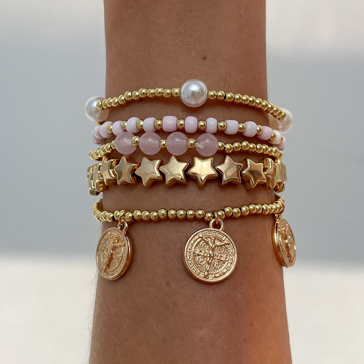 Boho Star Beaded Stackable Bracelet Set Women Imitation Pearl Pink Bead Stretch Bracelets Gold Compass Coin Charm Bracelet