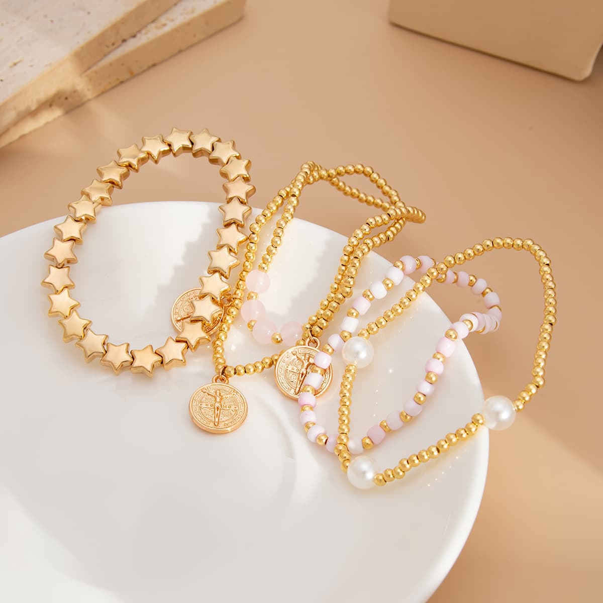Boho Star Beaded Stackable Bracelet Set Women Imitation Pearl Pink Bead Stretch Bracelets Gold Compass Coin Charm Bracelet
