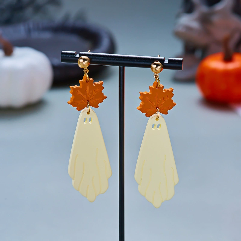 Halloween Ghost Maple Leaf Dangle Earrings Cute Boo Ghost Acrylic Drop Earrings Women Fall Holiday Party Jewelry