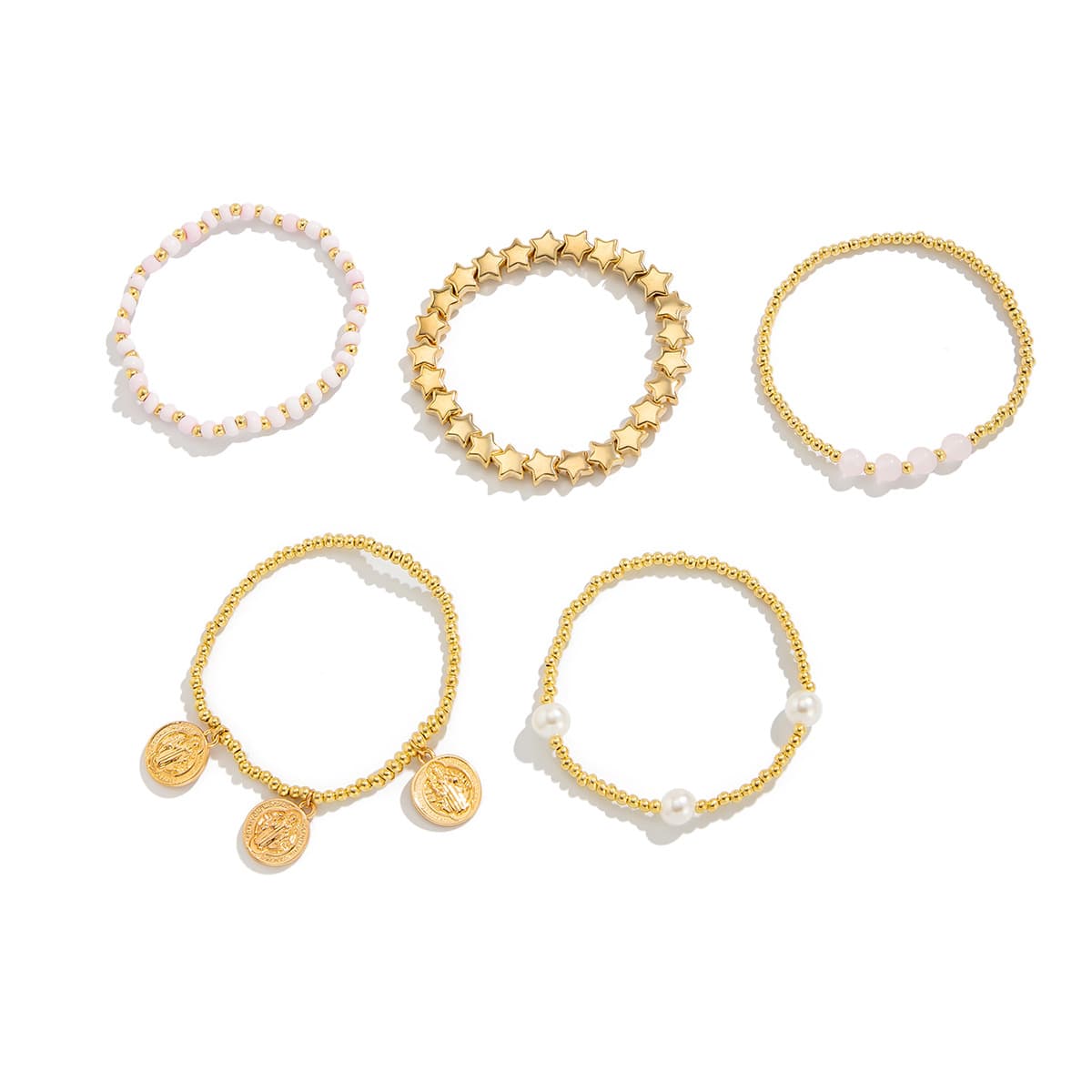 Boho Star Beaded Stackable Bracelet Set Women Imitation Pearl Pink Bead Stretch Bracelets Gold Compass Coin Charm Bracelet